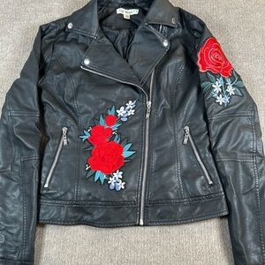 Say What? Black Leather Jacket with Red Floral Embroidery
